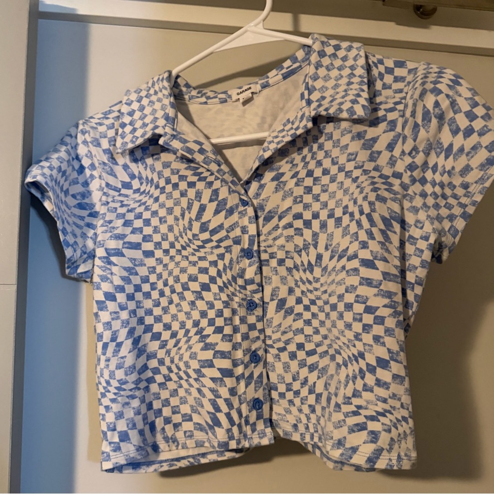 GARAGE Blue and White Checkered Crop Top